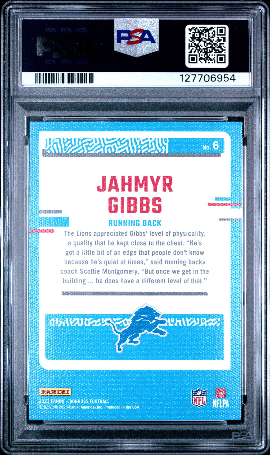 2023 Panini Donruss Rated Rookies Portrait Jahmyr Gibbs #6 Mint 9 back