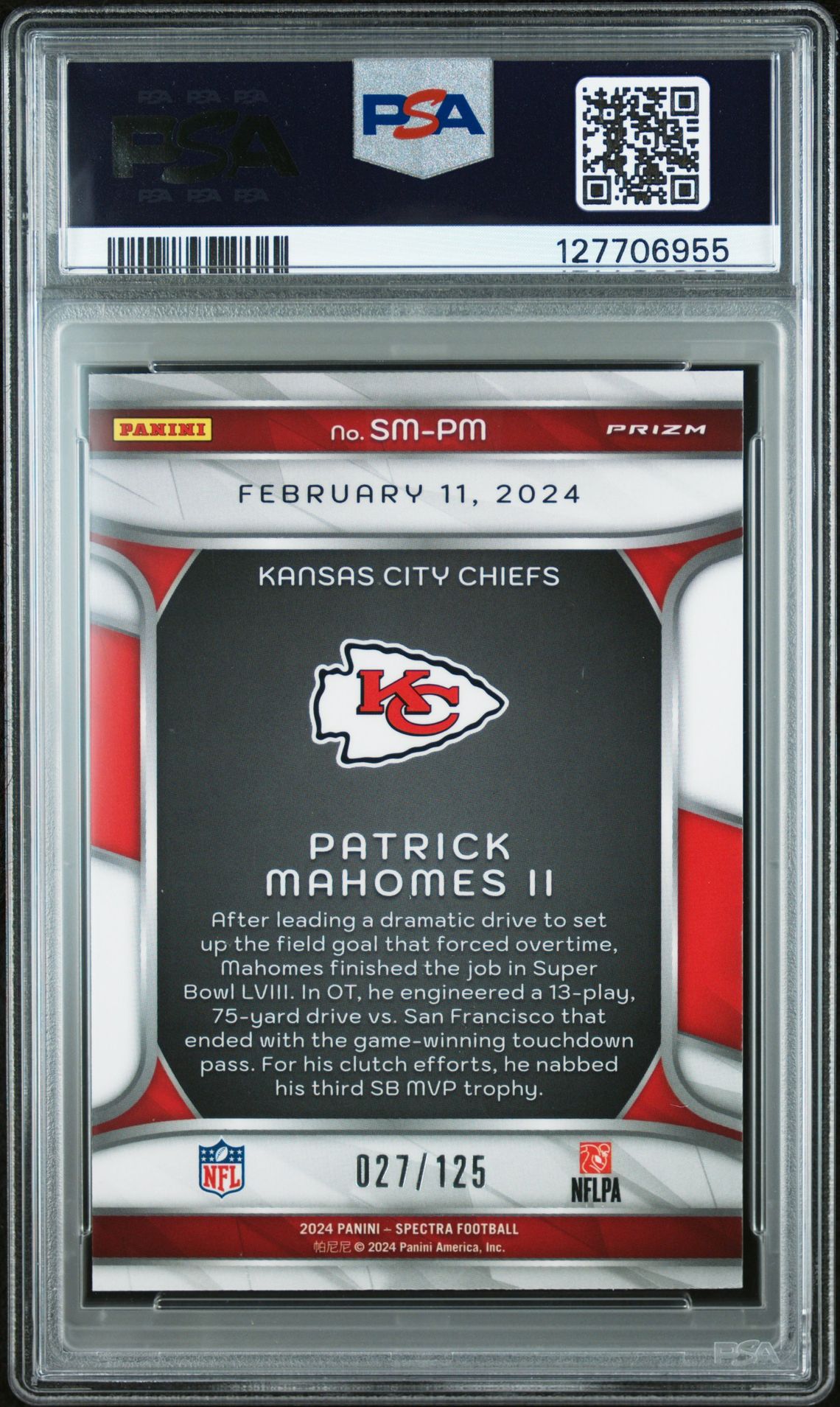 2024 Panini Spectra Spectracular Moments Patrick Mahomes Ii #Smpm (Spectracular Moments) Gem Mt 10 back