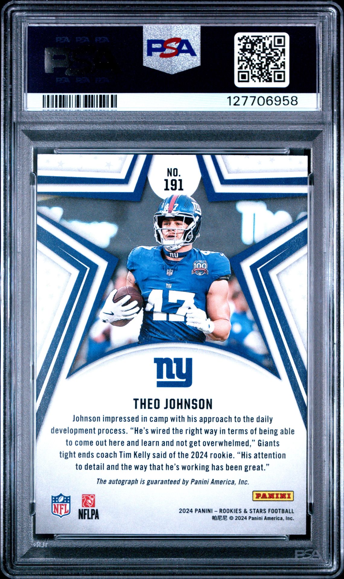2024 Panini Rookies & Stars Theo Johnson #191 (Signature-Purple) Gem Mt 10 back