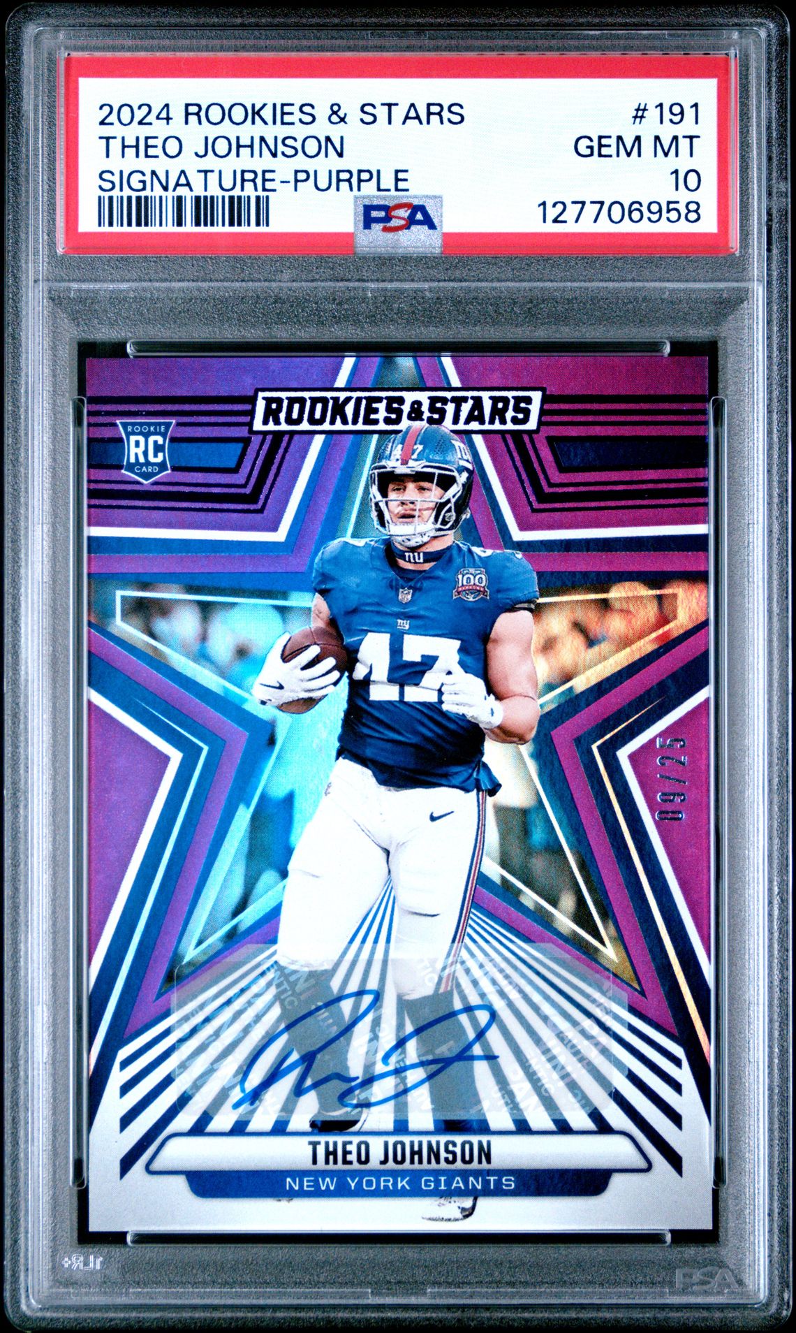 2024 Panini Rookies & Stars Theo Johnson #191 (Signature-Purple) Gem Mt 10 front