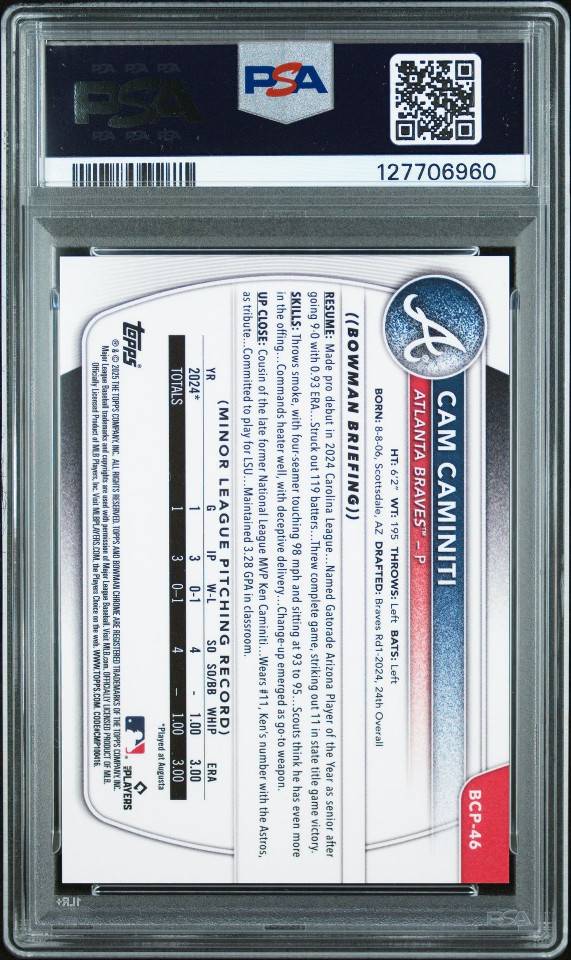 2025 Bowman Chrome Prospects Cam Caminiti #Bcp46 (Chrome Pros-Gold Geometric) Mint 9 back