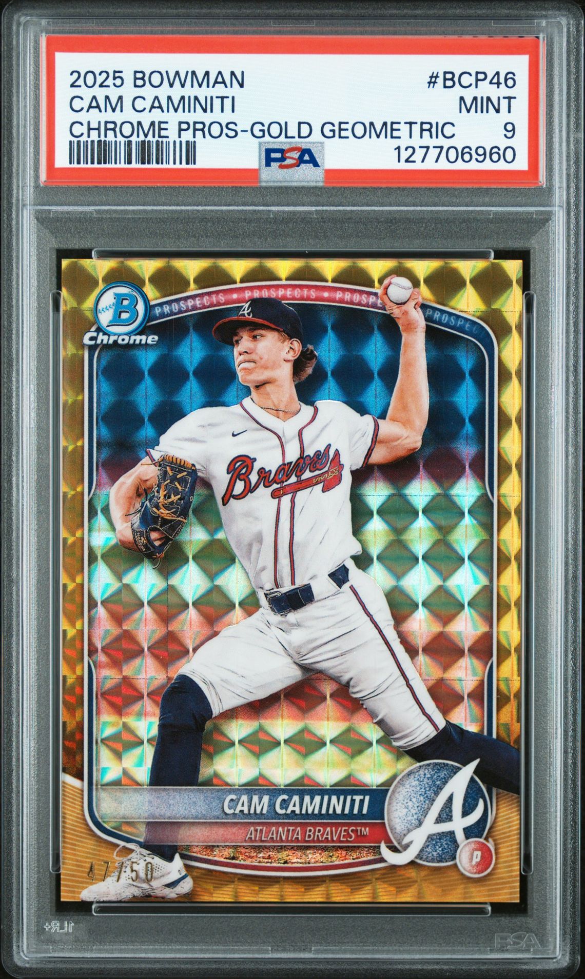 2025 Bowman Chrome Prospects Cam Caminiti #Bcp46 (Chrome Pros-Gold Geometric) Mint 9 front