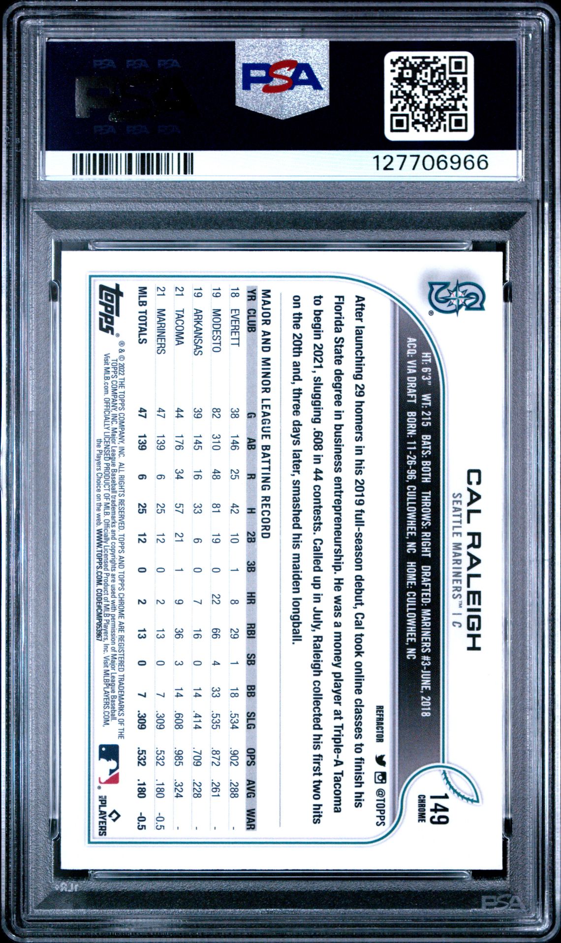 2022 Topps Chrome Cal Raleigh #149 (Refractor) Mint 9 back