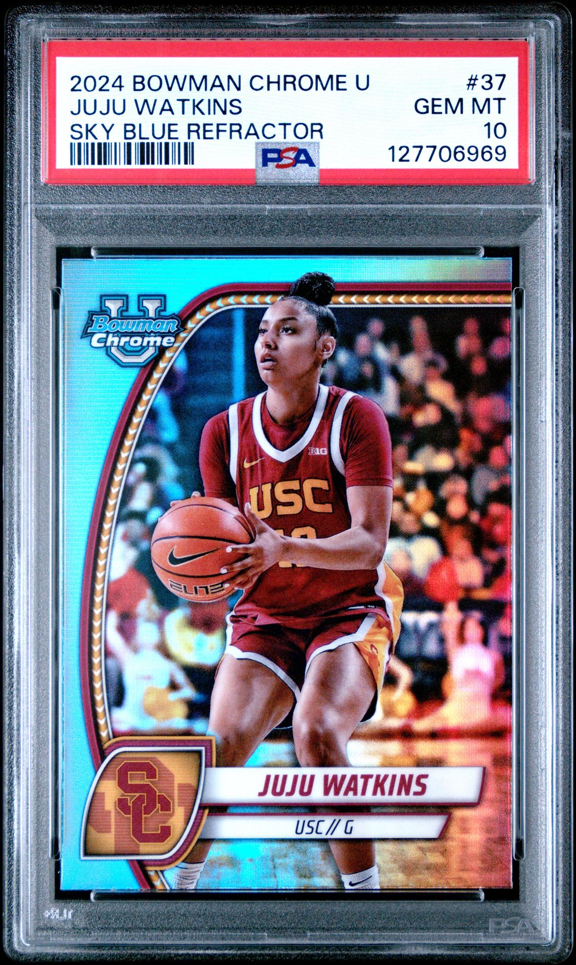 2024 Bowman Chrome University Juju Watkins #37 (Sky Blue Refractor) Gem Mt 10 front