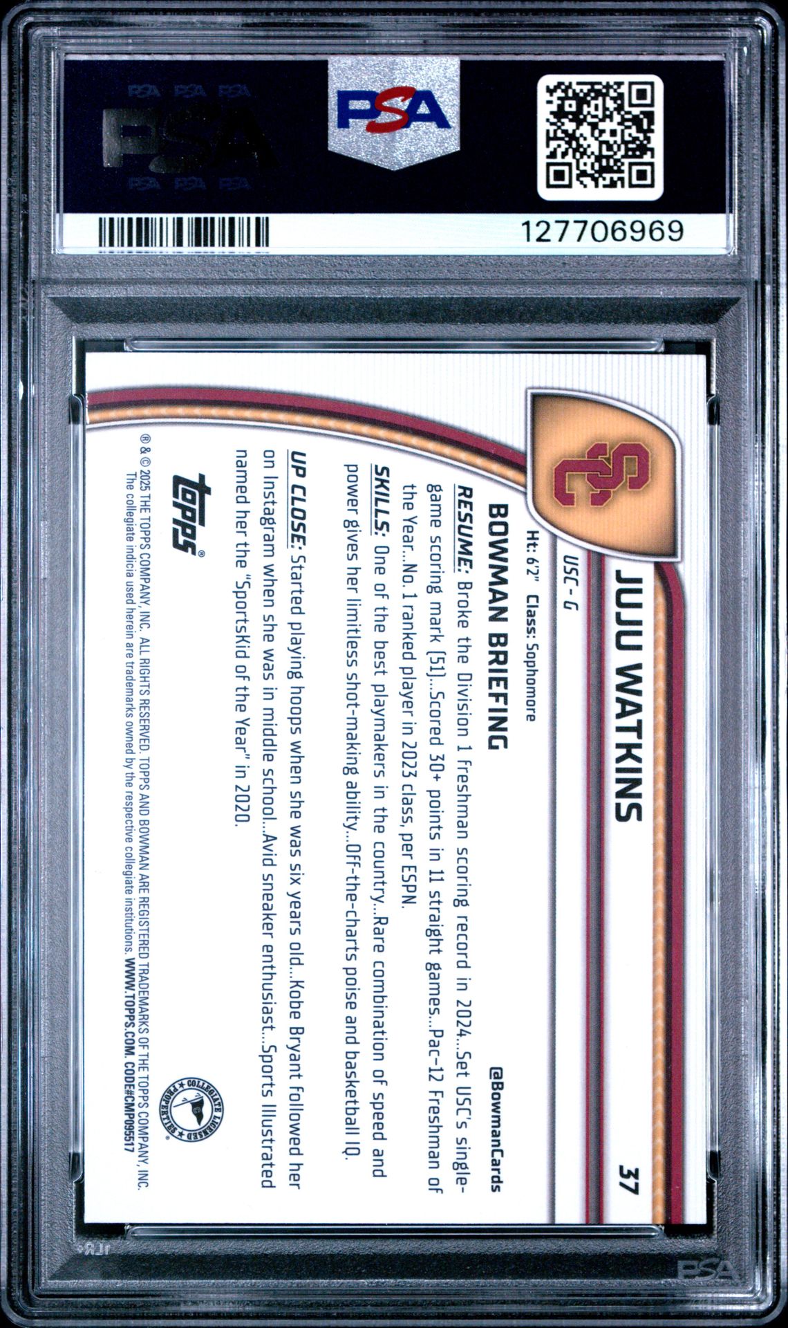 2024 Bowman Chrome University Juju Watkins #37 (Sky Blue Refractor) Gem Mt 10 back