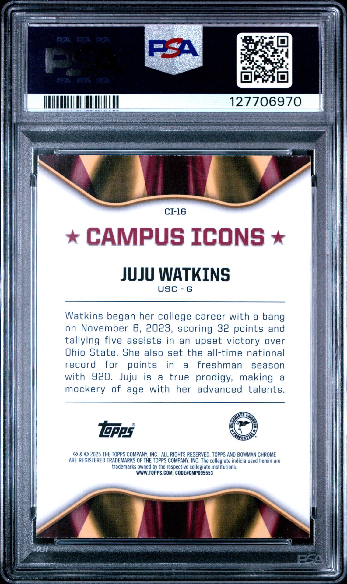 2024 Bowman Chrome University Campus Icons Juju Watkins #Ci16 Gem Mt 10 back