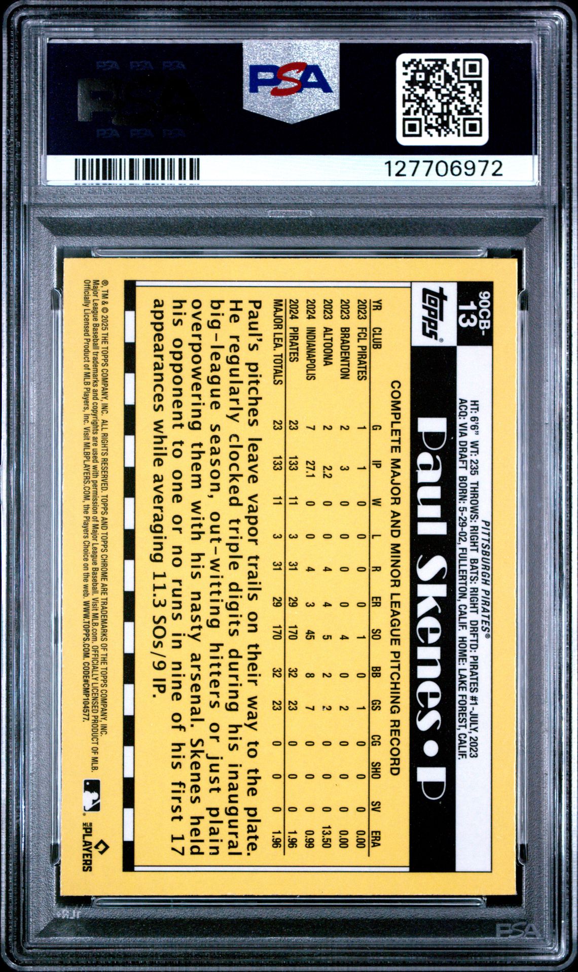 2025 Topps Chrome 1990 Topps Paul Skenes #90Cb13 Mint 9 back