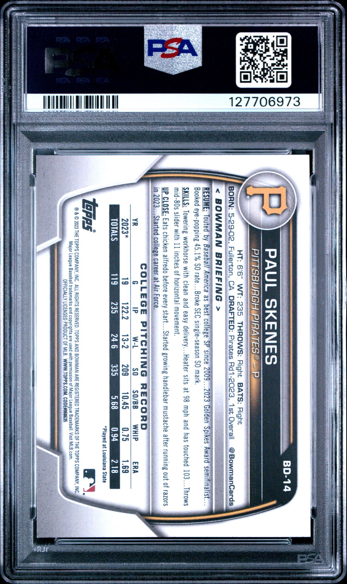 2023 Bowman Draft Paul Skenes #Bd14 Mint 9 back
