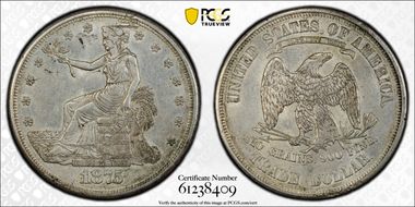1875-S T$1 Chopmarked AU58
