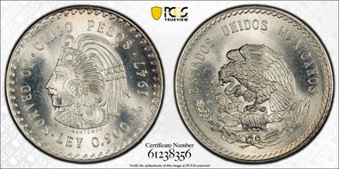 1947-Mo 5 Peso Cuauhtemoc KM-465 Ag MS66