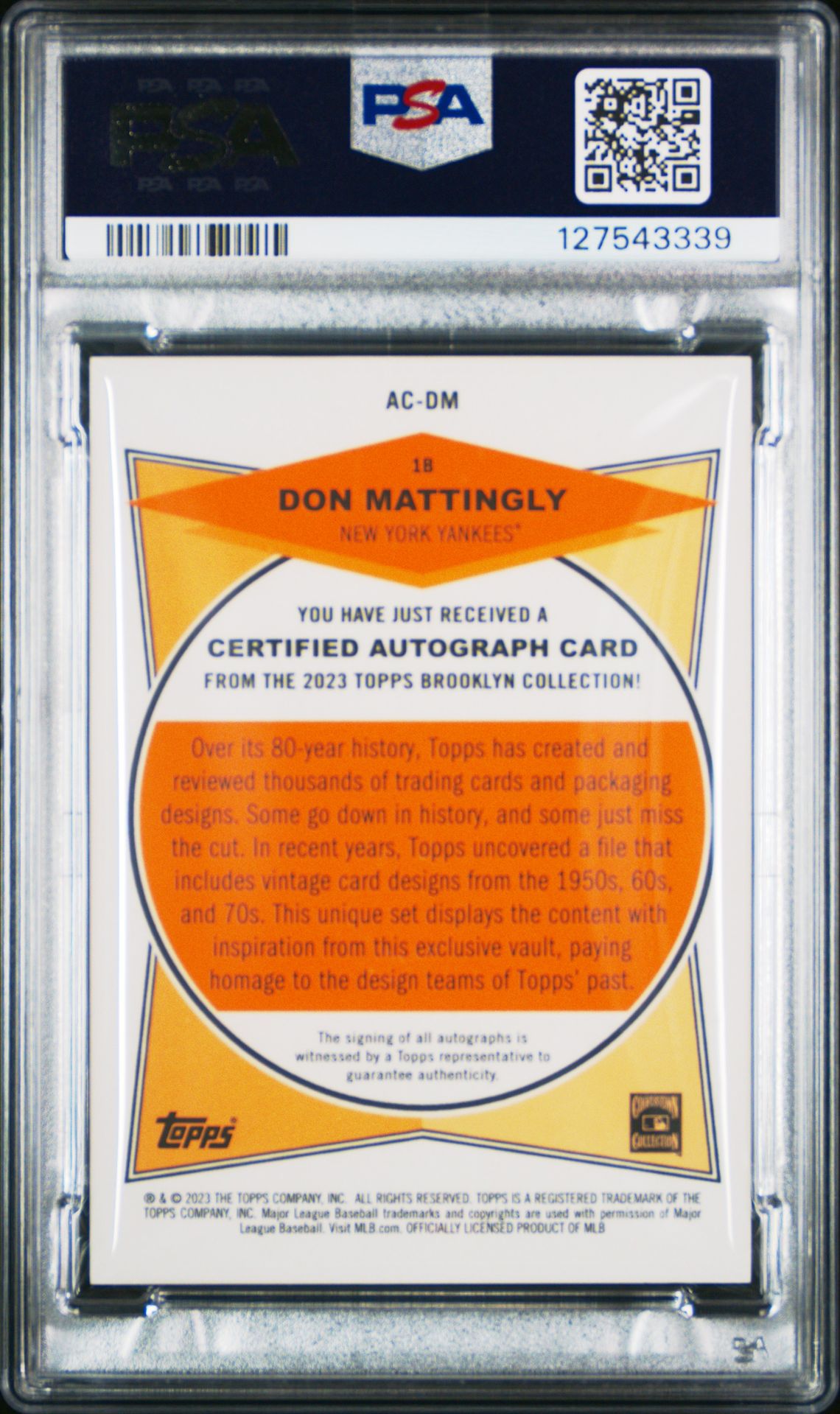 2023 Topps Brooklyn Collection Autograph Don Mattingly #Dm Gem Mt 10 back