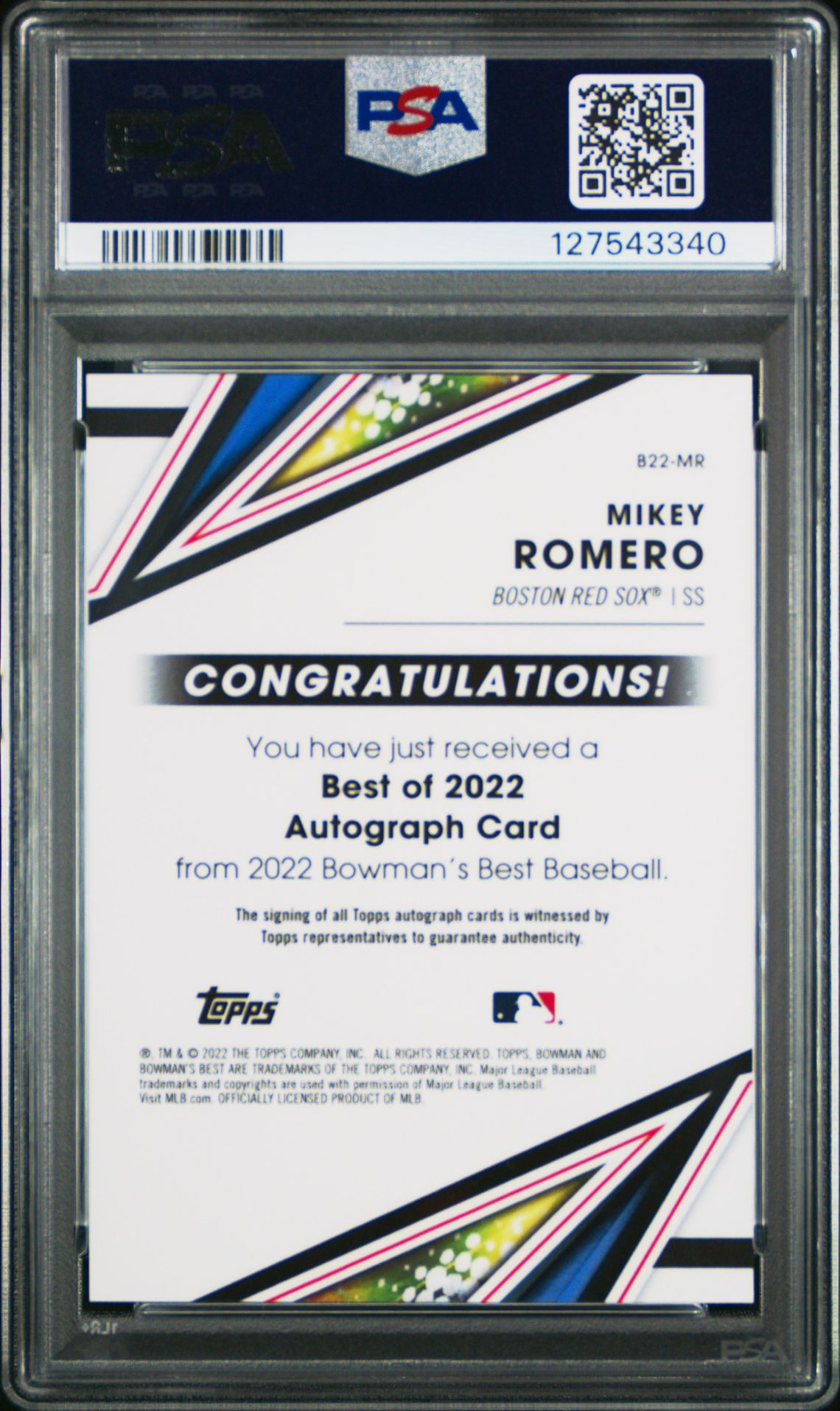 2022 Bowman's Best Best Of 2022 Autographs Mikey Romero #B22Mr (Best Of 2022 Au-Green Ref) Mint 9 back