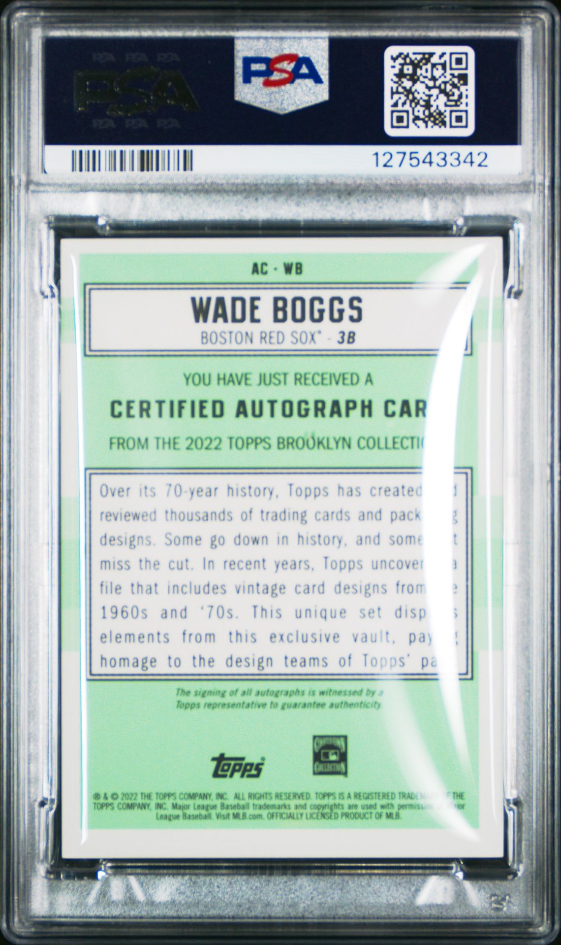 2022 Topps Brooklyn Collection Autograph Wade Boggs #Wb (Autograph-Gold) Gem Mt 10 back