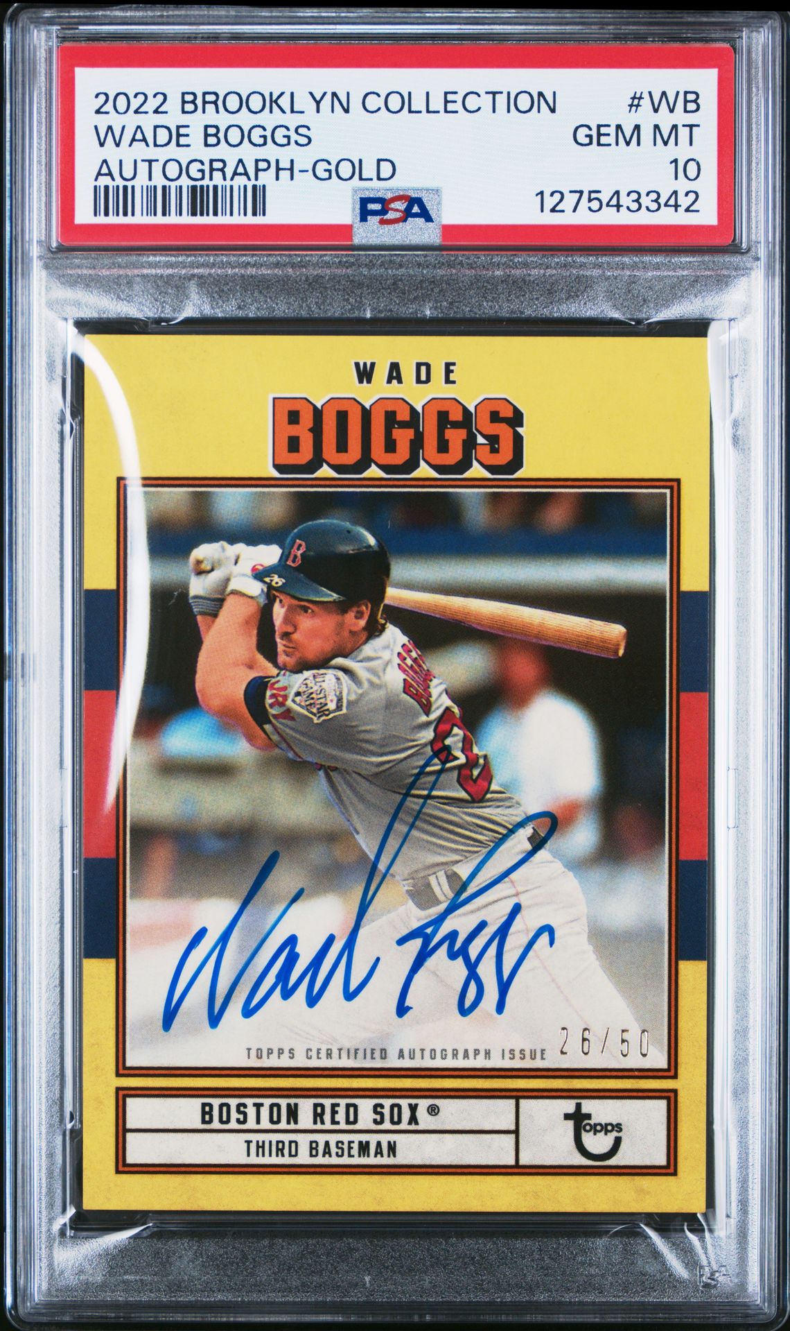 2022 Topps Brooklyn Collection Autograph Wade Boggs #Wb (Autograph-Gold) Gem Mt 10 front