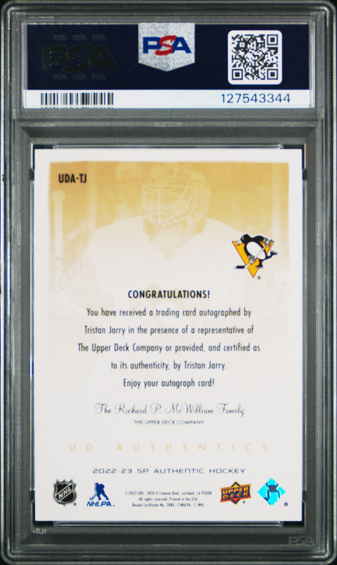 2022 Sp Authentic Ud Authentics Autographs Tristan Jarry #Udatj (Ud Authentics Autograph) Mint 9 back