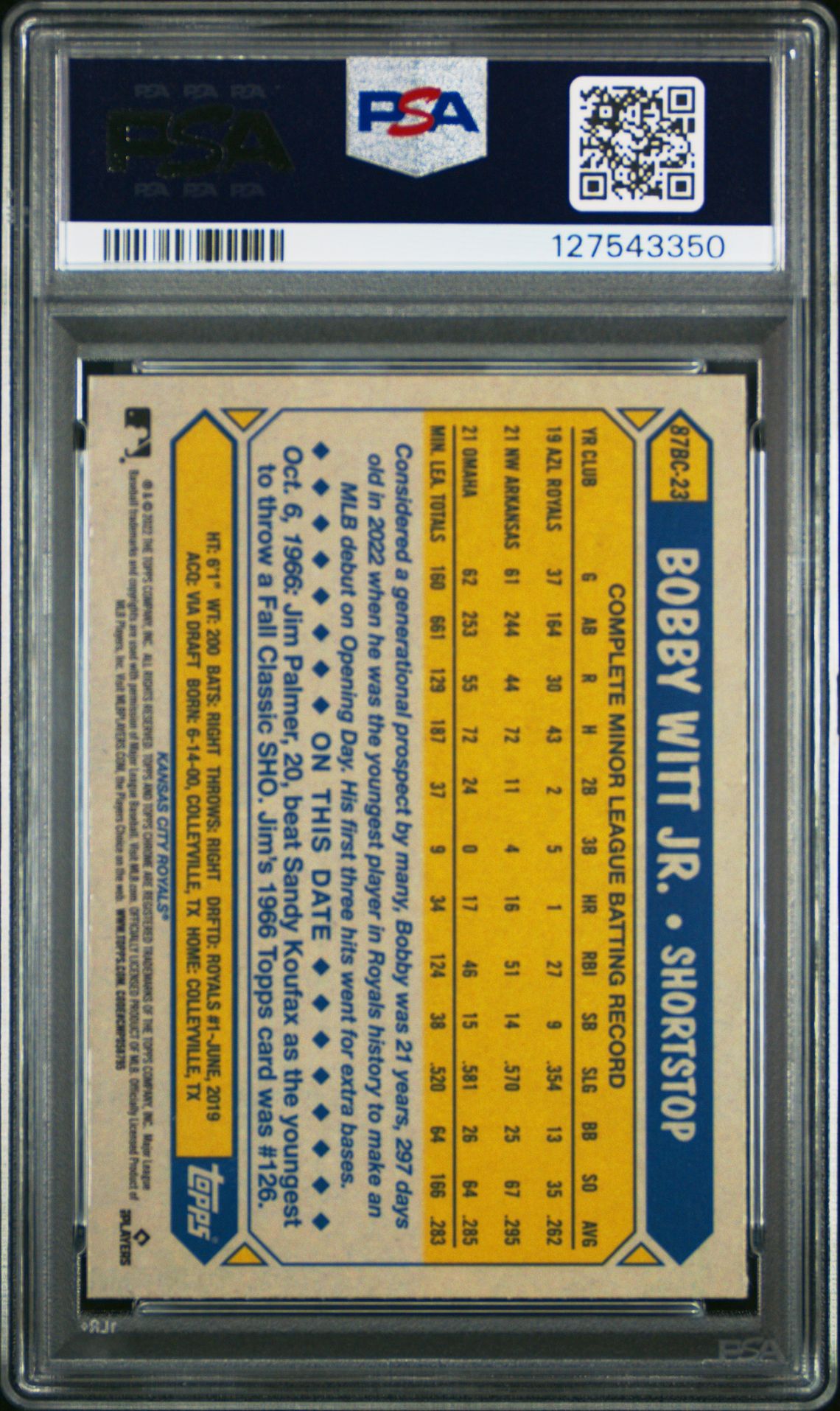 2022 Topps Chrome Ben Baller 1987 Topps Bobby Witt Jr. #23 (1987 Topps) Gem Mt 10 back