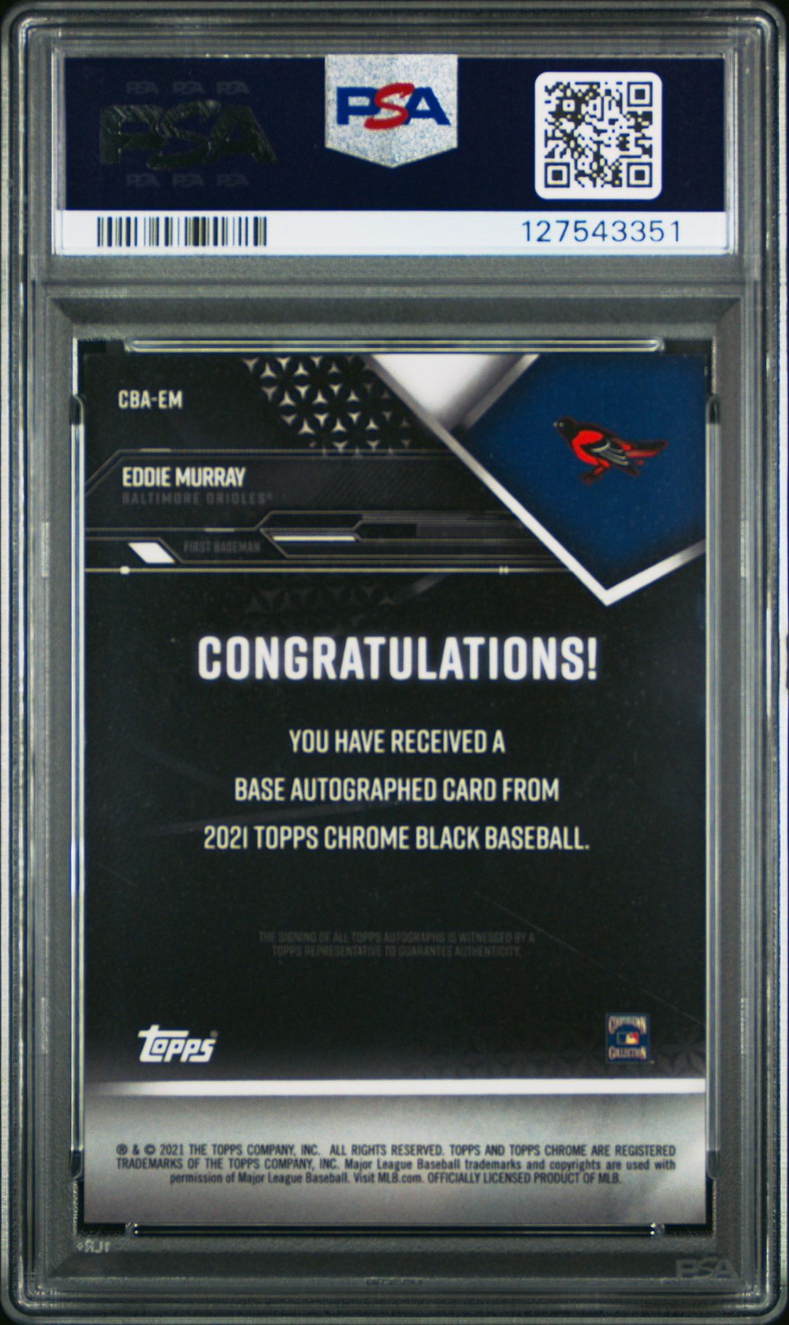 2021 Topps Chrome Black Autographs Eddie Murray #Em (Auto-Green Refractor) Mint 9 back
