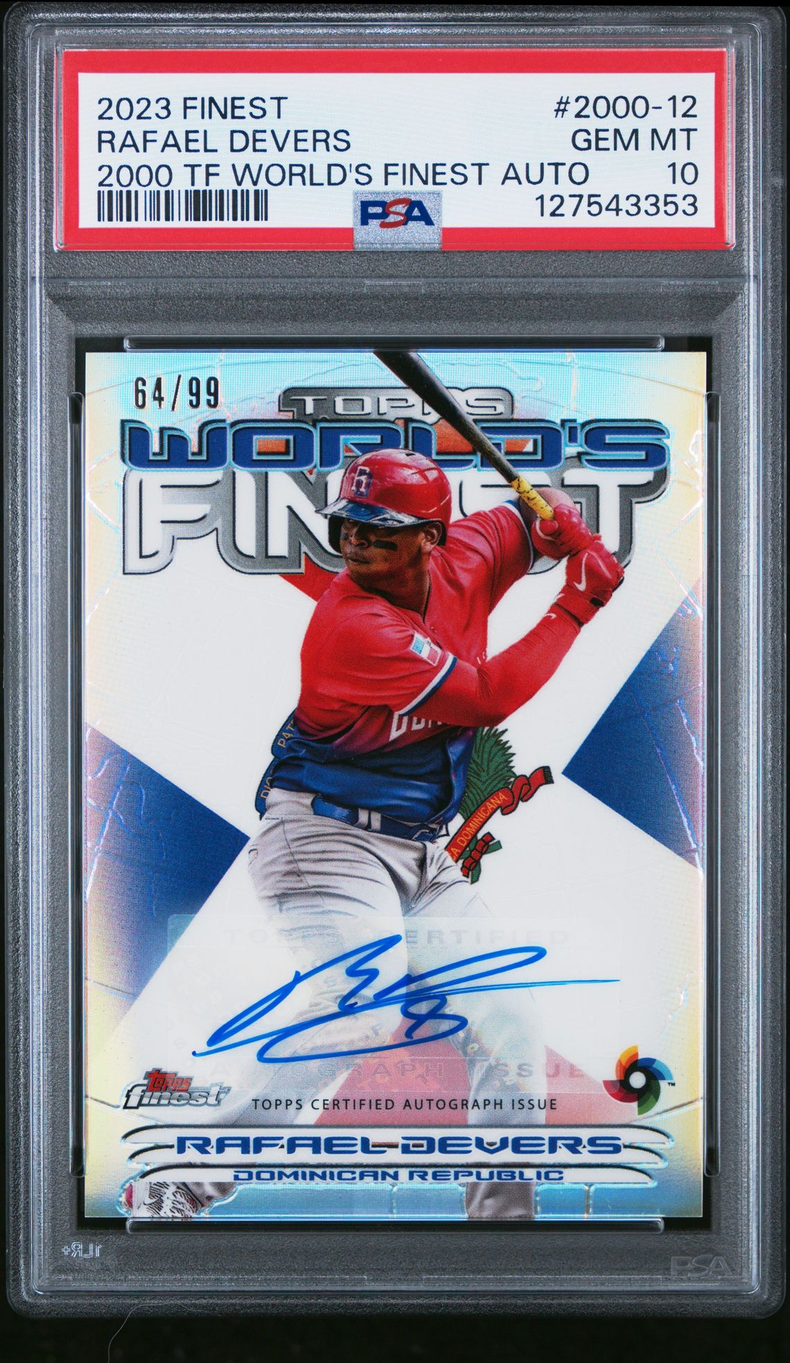 2023 Topps Finest 2000 Topps Finest World's Finest Autographs Rafael Devers #2000-12 (2000 Tf World's Finest Auto) Gem Mt 10 front