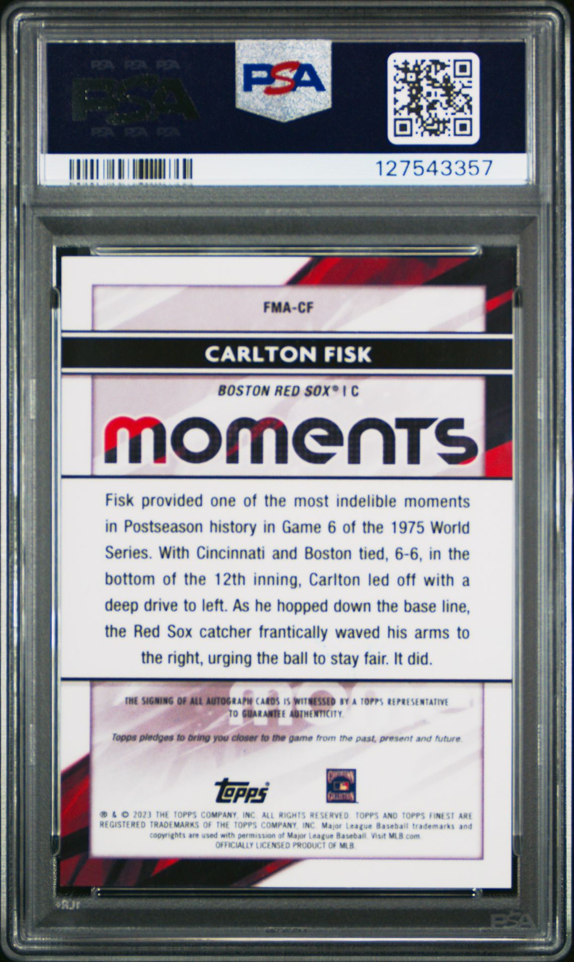 2023 Topps Finest Finest Moments Autographs Carlton Fisk #Fmacf Gem Mt 10 back