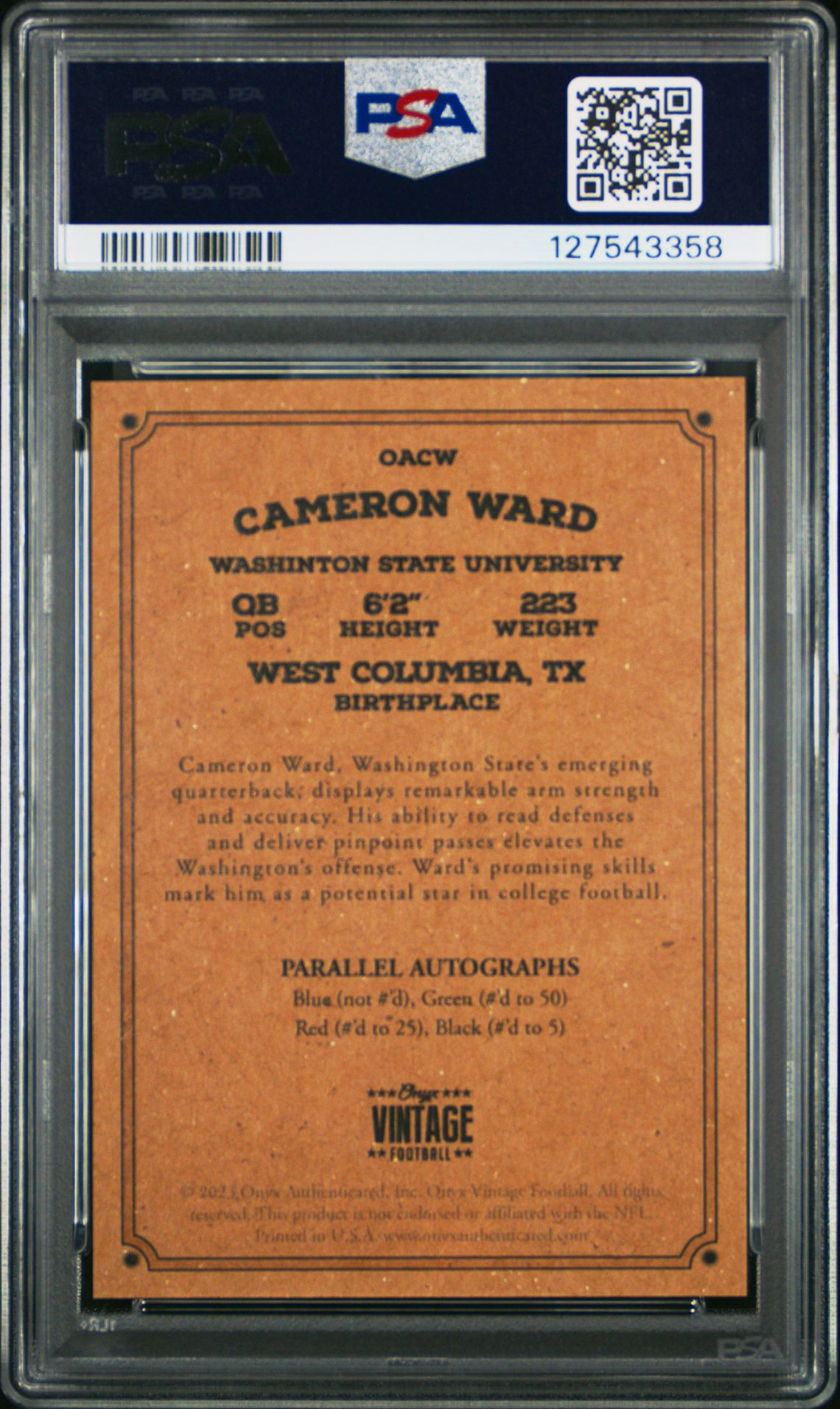 2023 Onyx Vintage Cameron Ward #Oacw (Autograph-Blue Ink) Gem Mt 10 back