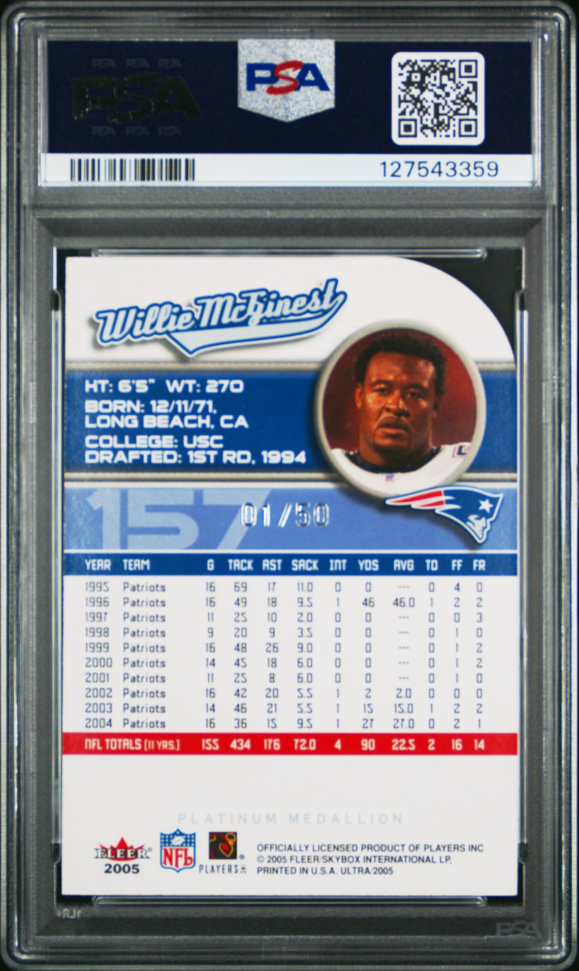 2005 Ultra Willie Mcginest #157 (Platinum Medallion) Mint 9 back