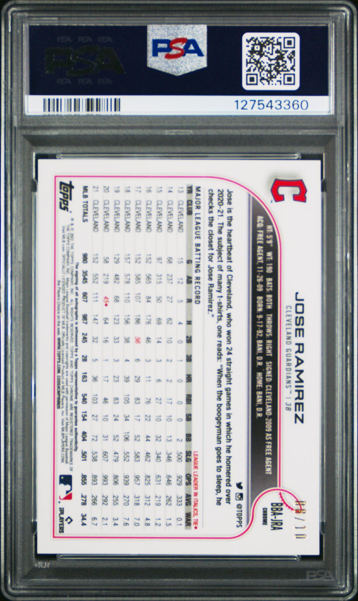 2022 Topps Chrome Ben Baller Autographs Jose Ramirez #Jra (Auto-Rose Gold Refractor) Gem Mt 10 back