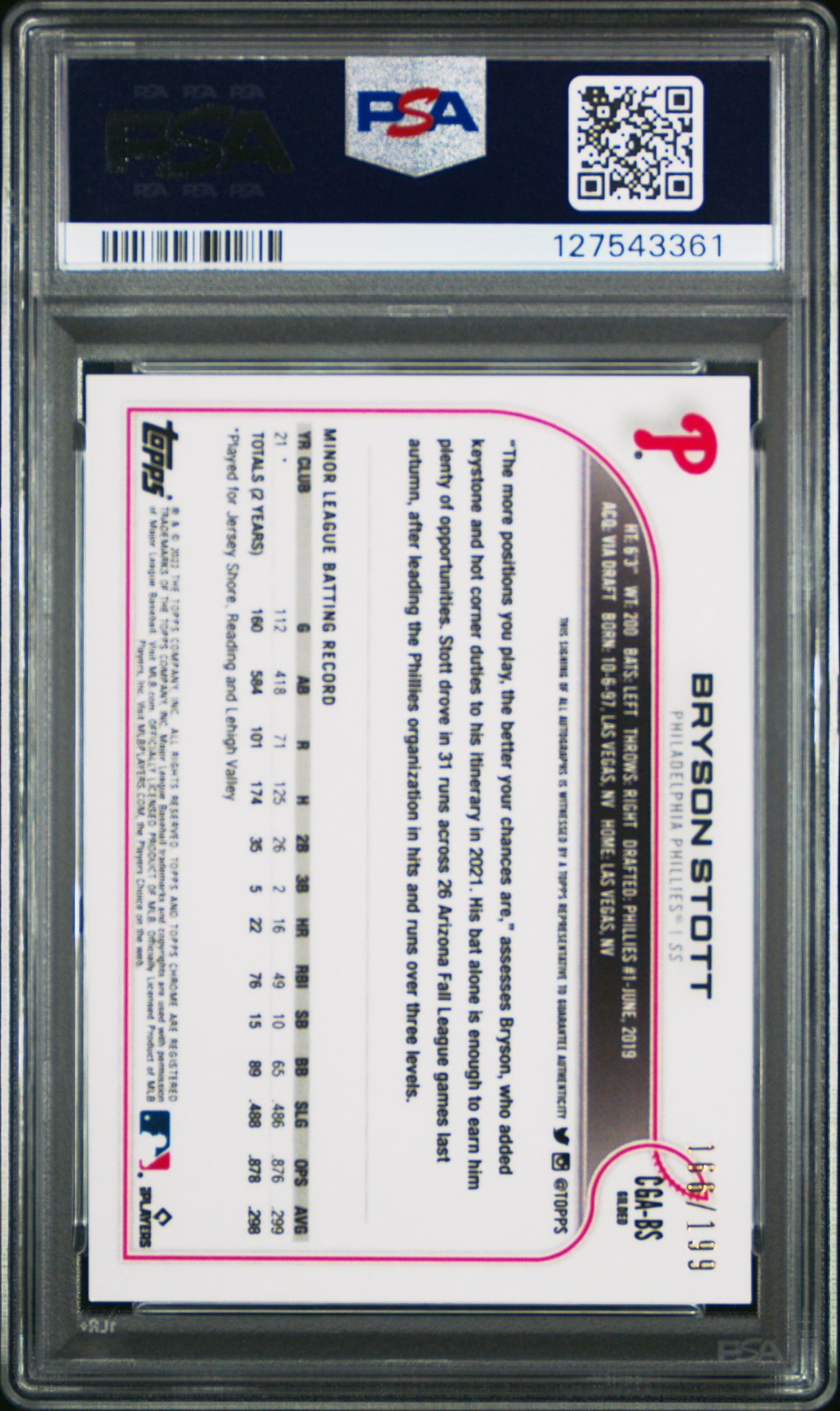 2022 Topps Gilded Collection Topps Chrome Cast In Gold Autographs Bryson Stott #Cgabs (T/C Cast In Gold Auto.) Mint 9 back