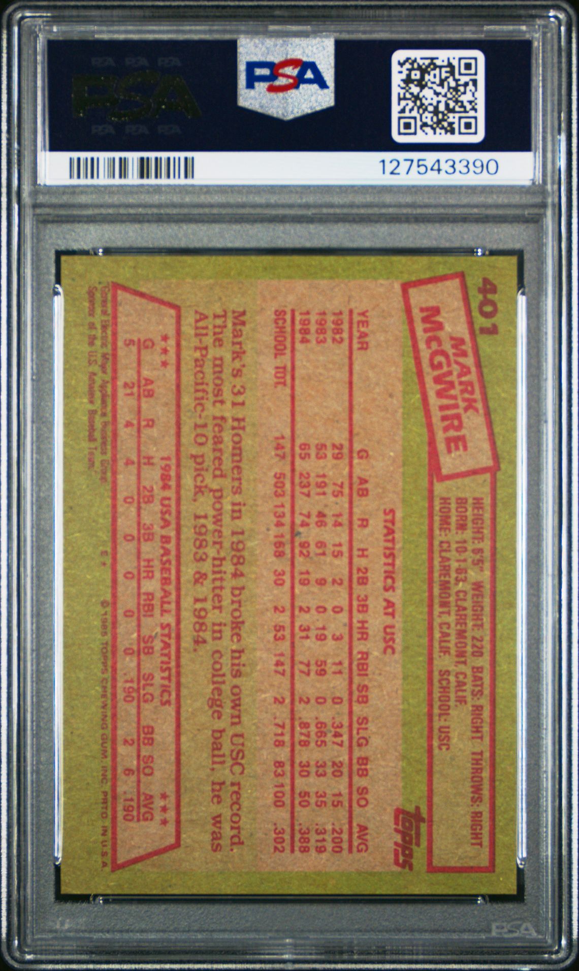 1985 Topps Mark Mcgwire #401 (1984 Usa Baseball Team) Nm-Mt 8 back