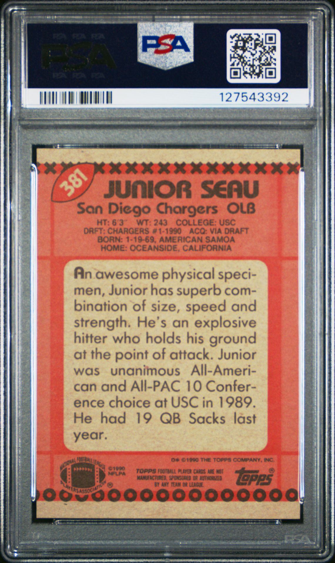 1990 Topps Junior Seau #381 (Disclaimer Back) Nm-Mt 8 back