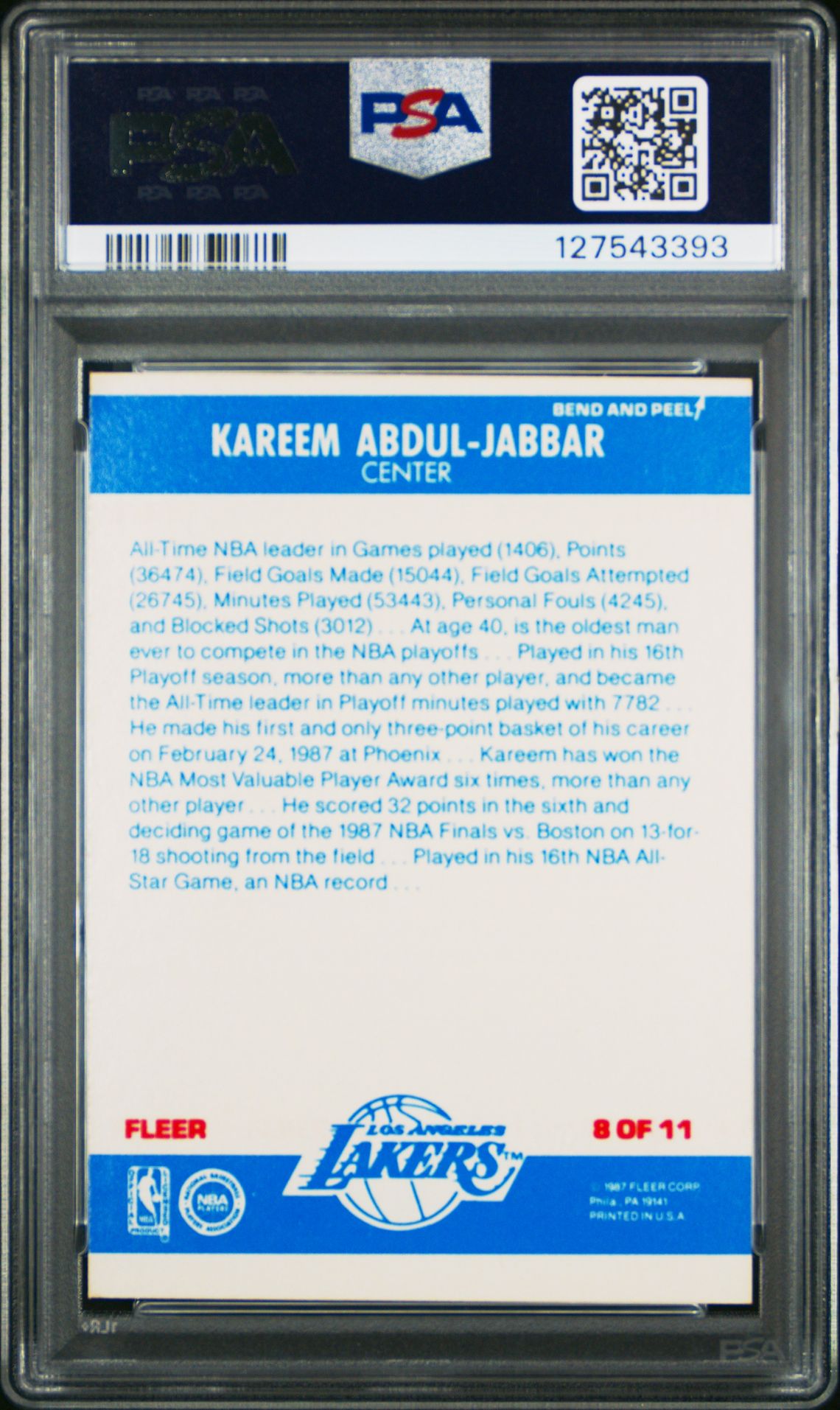 1987 Fleer Sticker Kareem Abdul-Jabbar #8 Nm 7 back