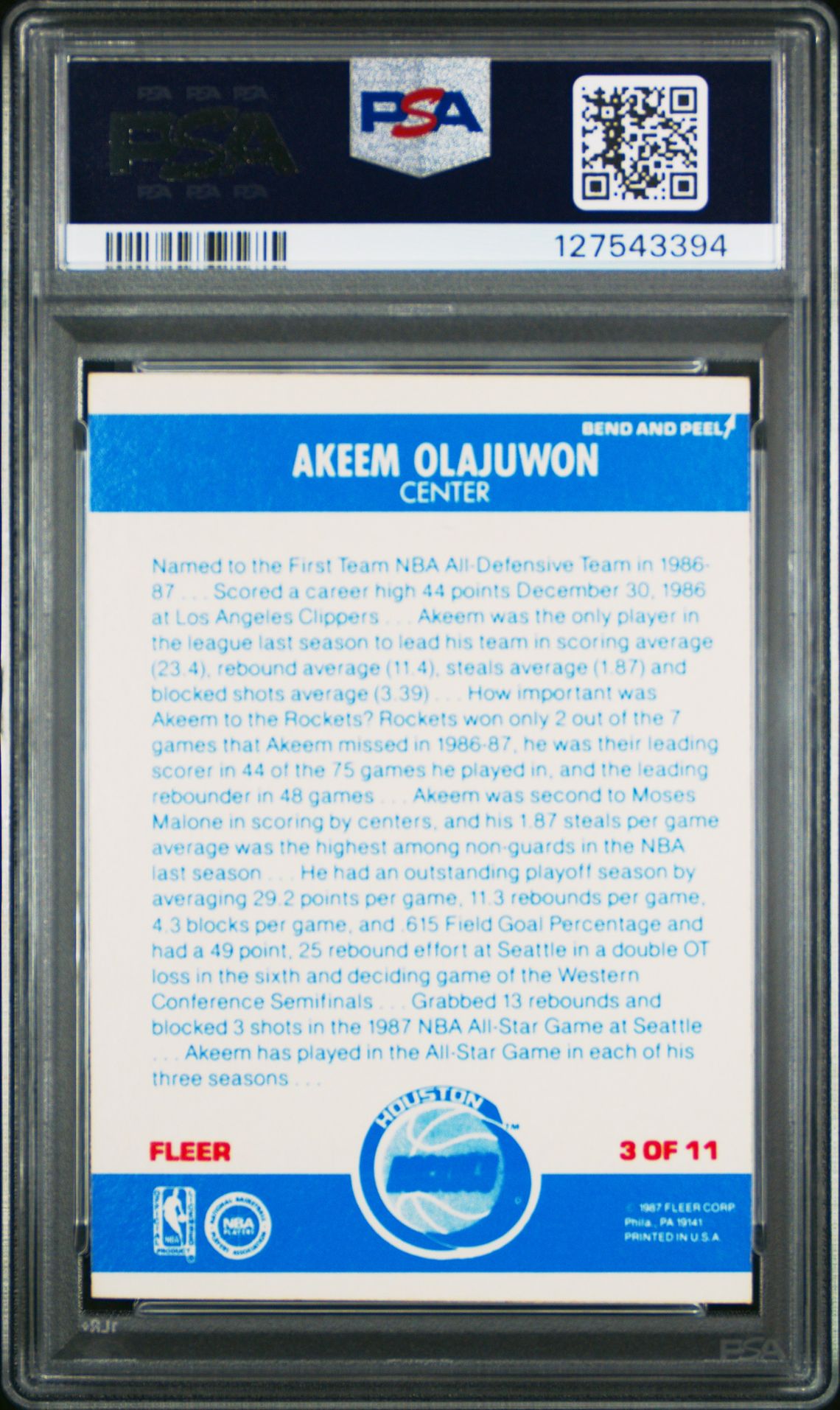 1987 Fleer Sticker Akeem Olajuwon #3 Nm-Mt 8 back