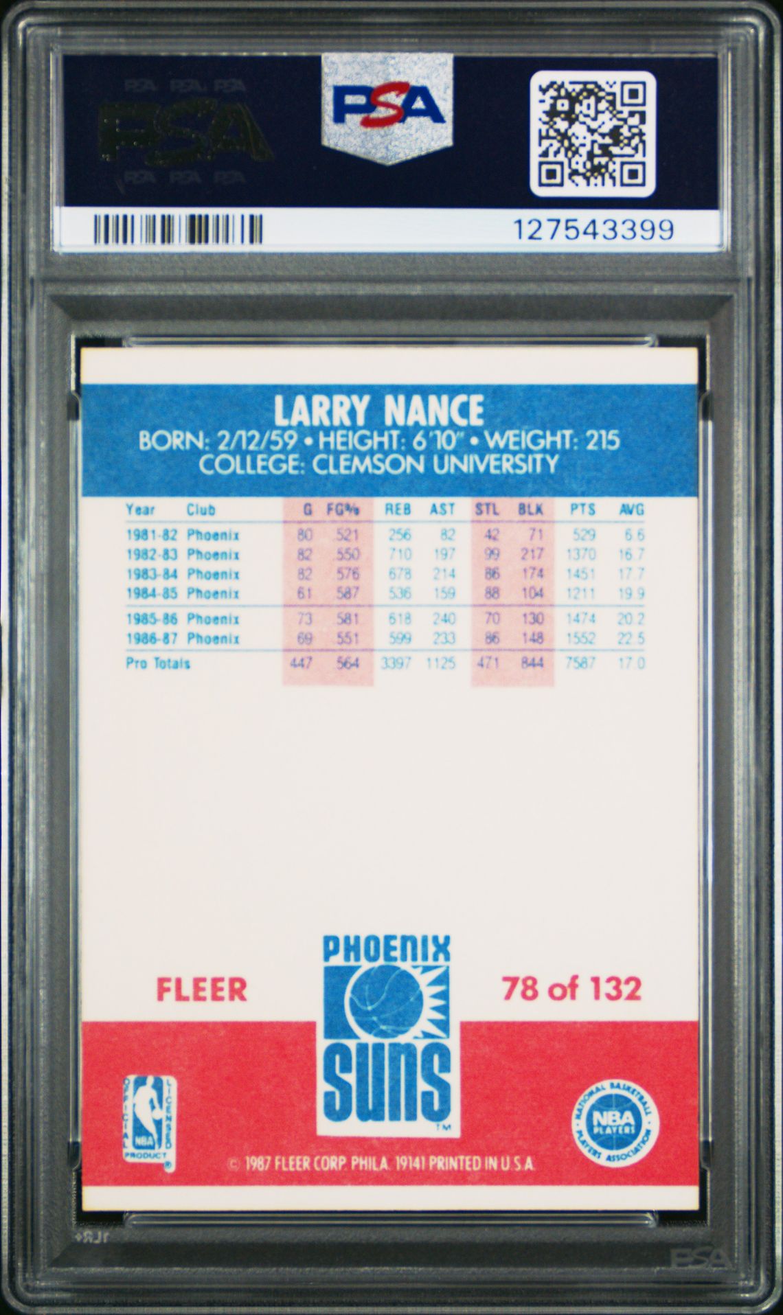 1987 Fleer Larry Nance #78 Nm-Mt 8 back