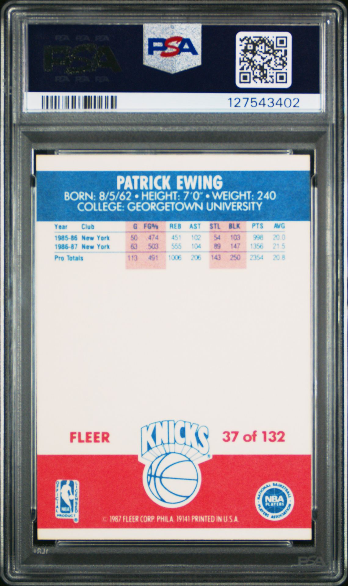 1987 Fleer Patrick Ewing #37 Mint 9 back