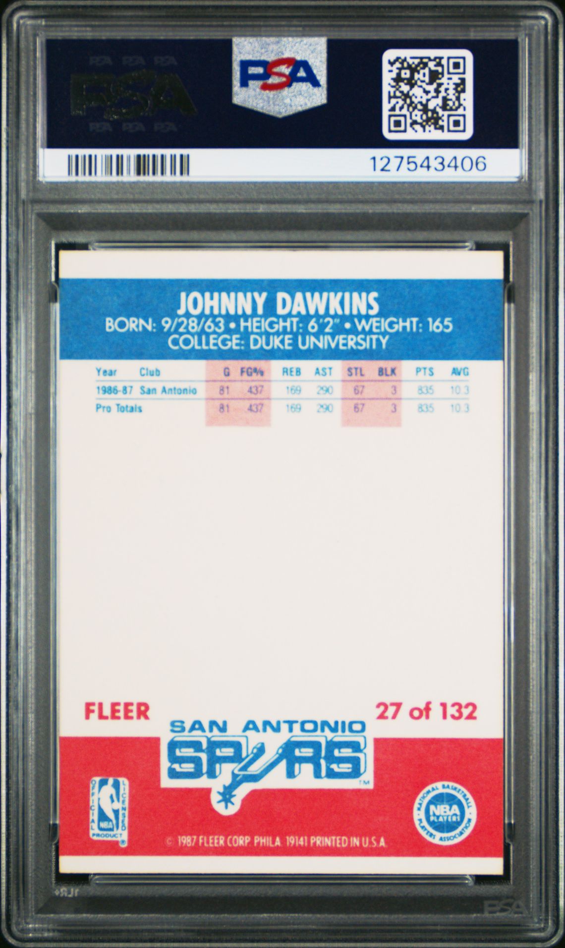 1987 Fleer Johnny Dawkins #27 Nm-Mt 8 back
