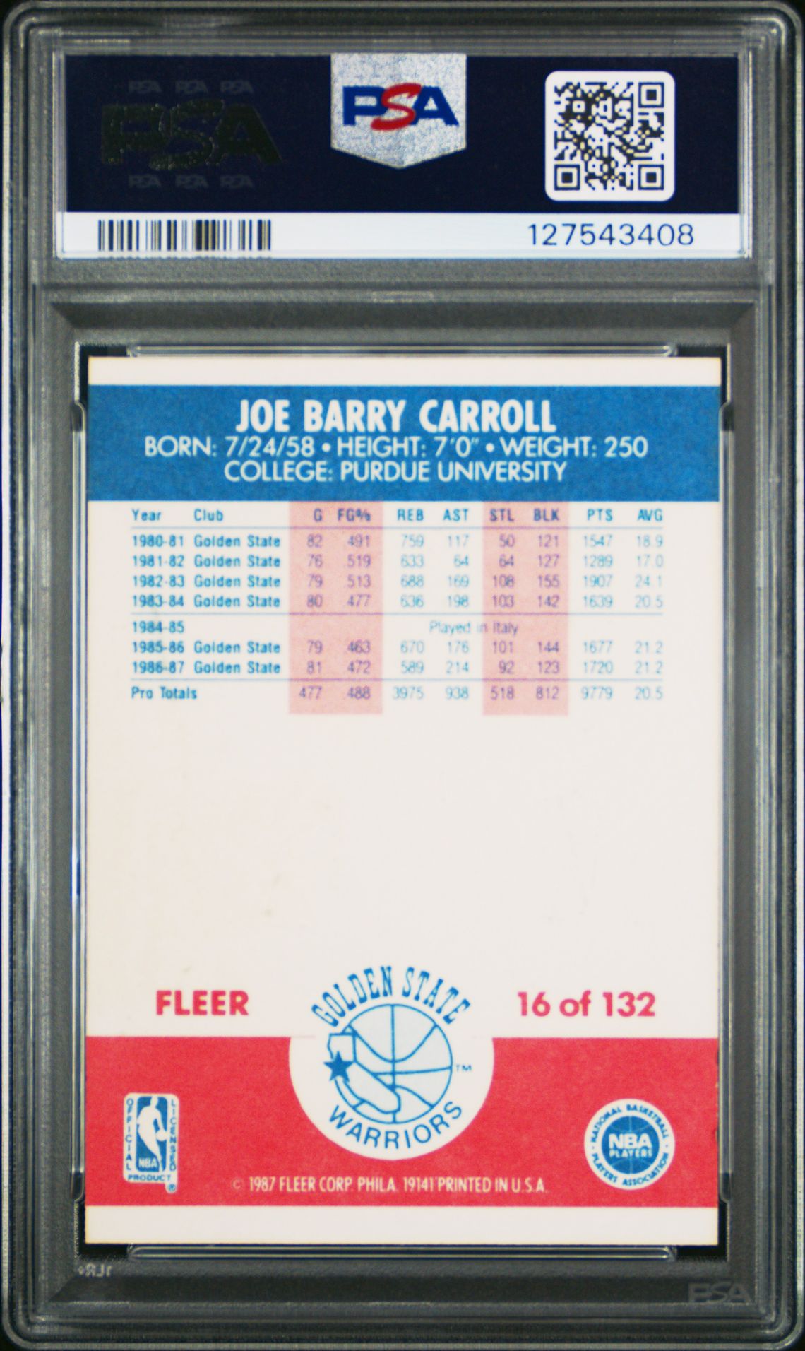 1987 Fleer Joe Barry Carroll #16 Ex 5 back
