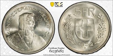 1932 B 5 Fr KM-40  Ag MS64