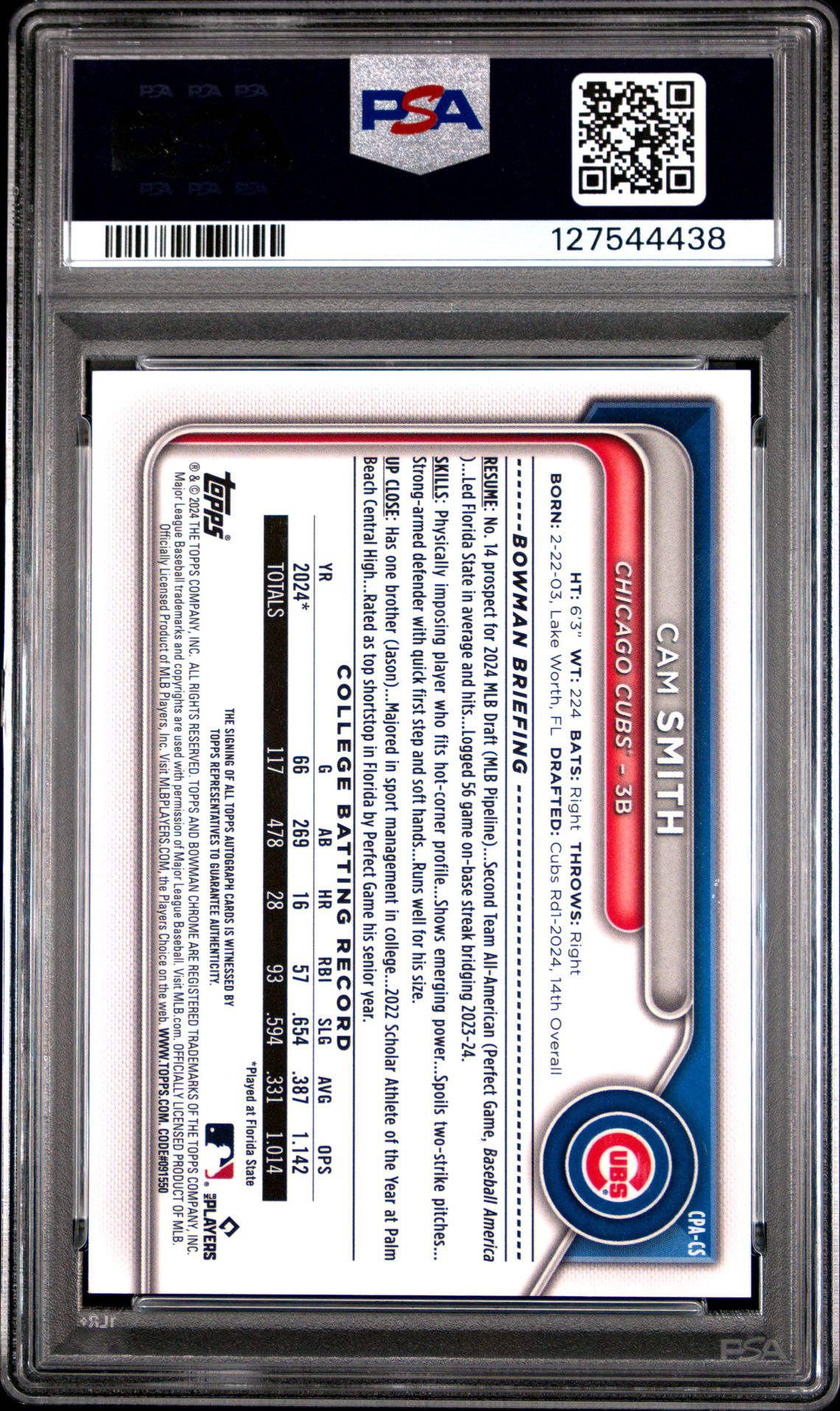 2024 Bowman Draft Sapphire Edition Chrome Sapphire Prospect Autographs Cam Smith #Cpacs Nm-Mt 8 back