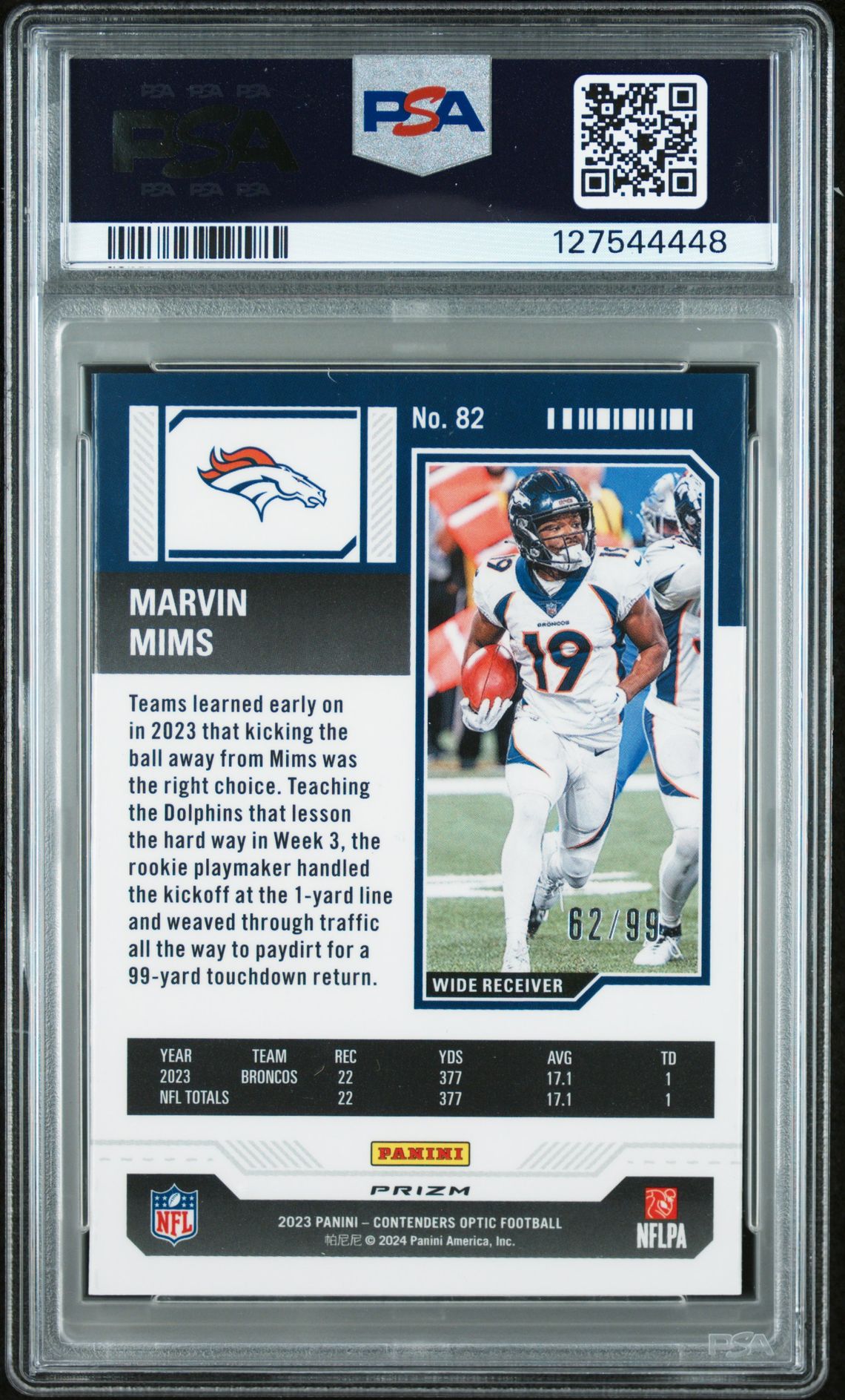 2023 Panini Contenders Optic Marvin Mims #82 (Blue) Gem Mt 10 back