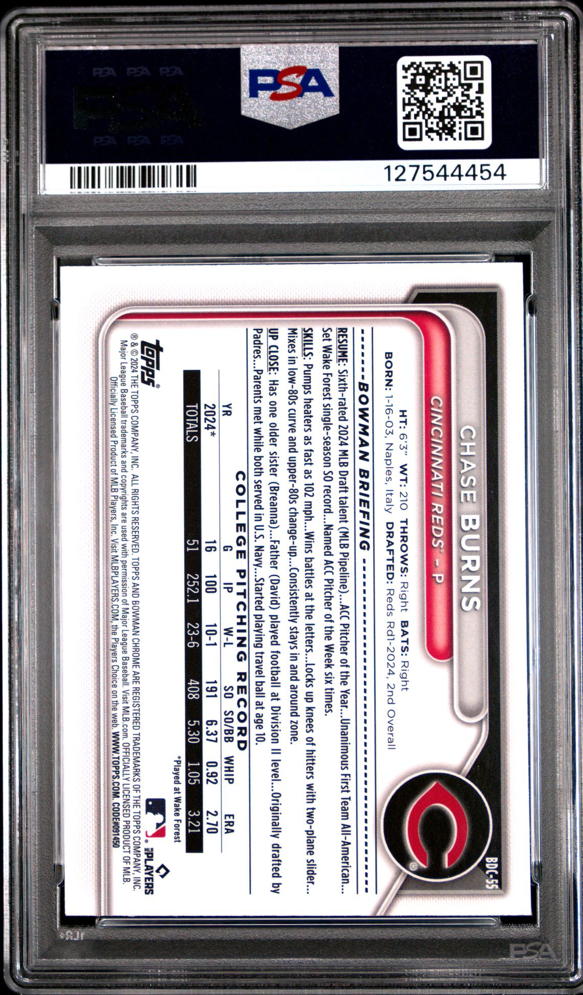 2024 Bowman Draft Chase Burns #Bdc55 (Chrome-Lunar Glow Ref) Gem Mt 10 back