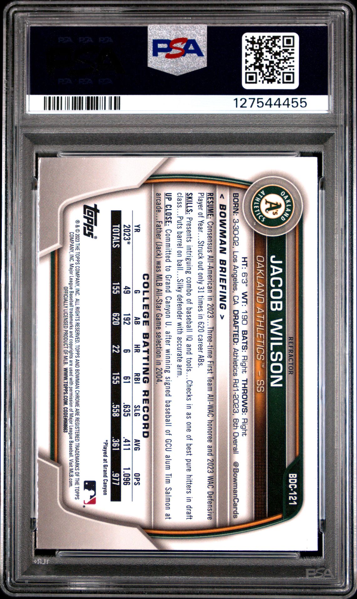 2023 Bowman Draft Jacob Wilson #Bdc121 (Chrome-Refractor) Mint 9 back