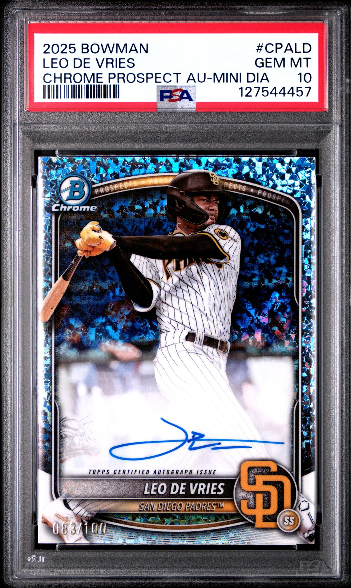 2025 Bowman Chrome Prospect Autographs Leo De Vries #Cpald (Chrome Prospect Au-Mini Dia) Gem Mt 10 front
