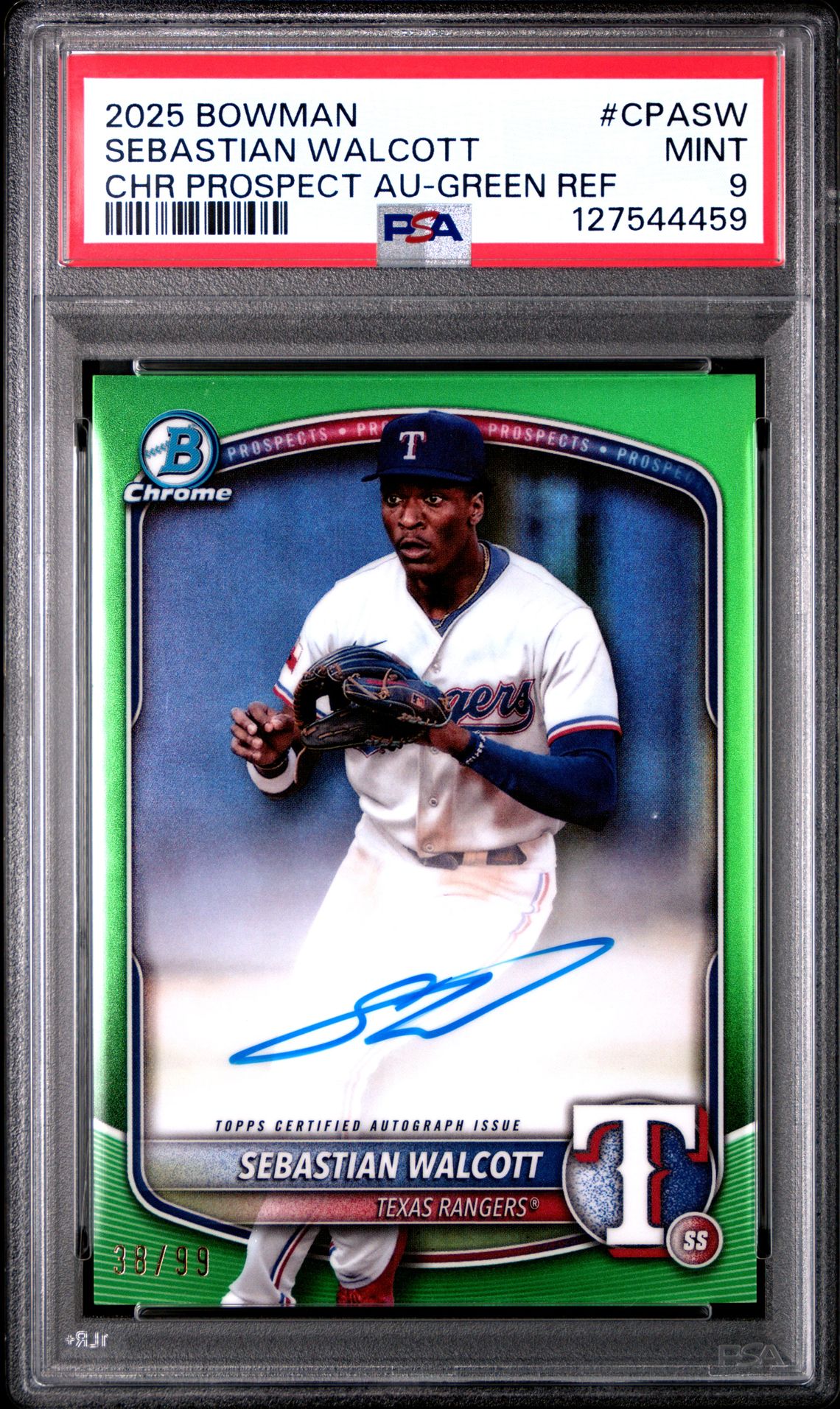 2025 Bowman Chrome Prospect Autographs Sebastian Walcott #Cpasw (Chr Prospect Au-Green Ref) Mint 9 front