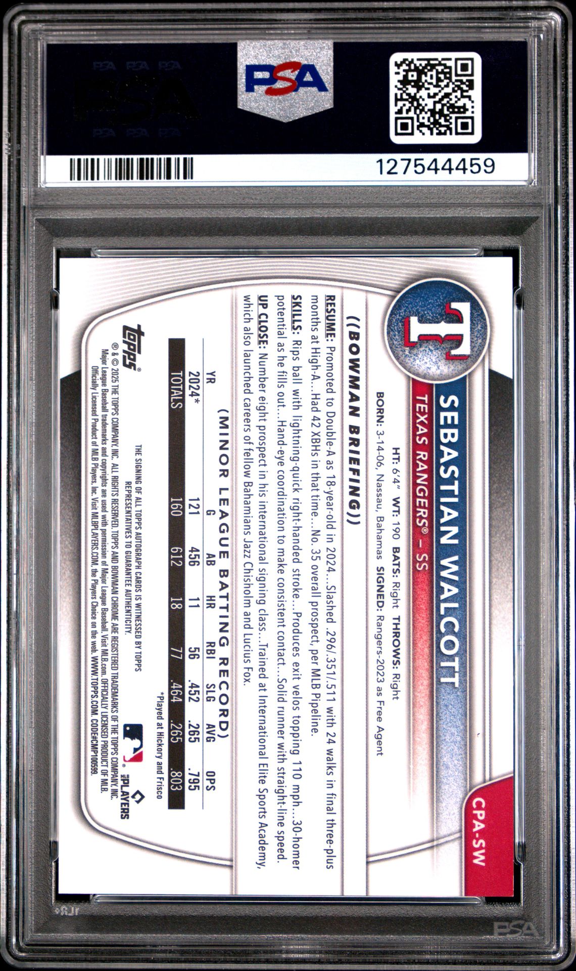 2025 Bowman Chrome Prospect Autographs Sebastian Walcott #Cpasw (Chr Prospect Au-Green Ref) Mint 9 back