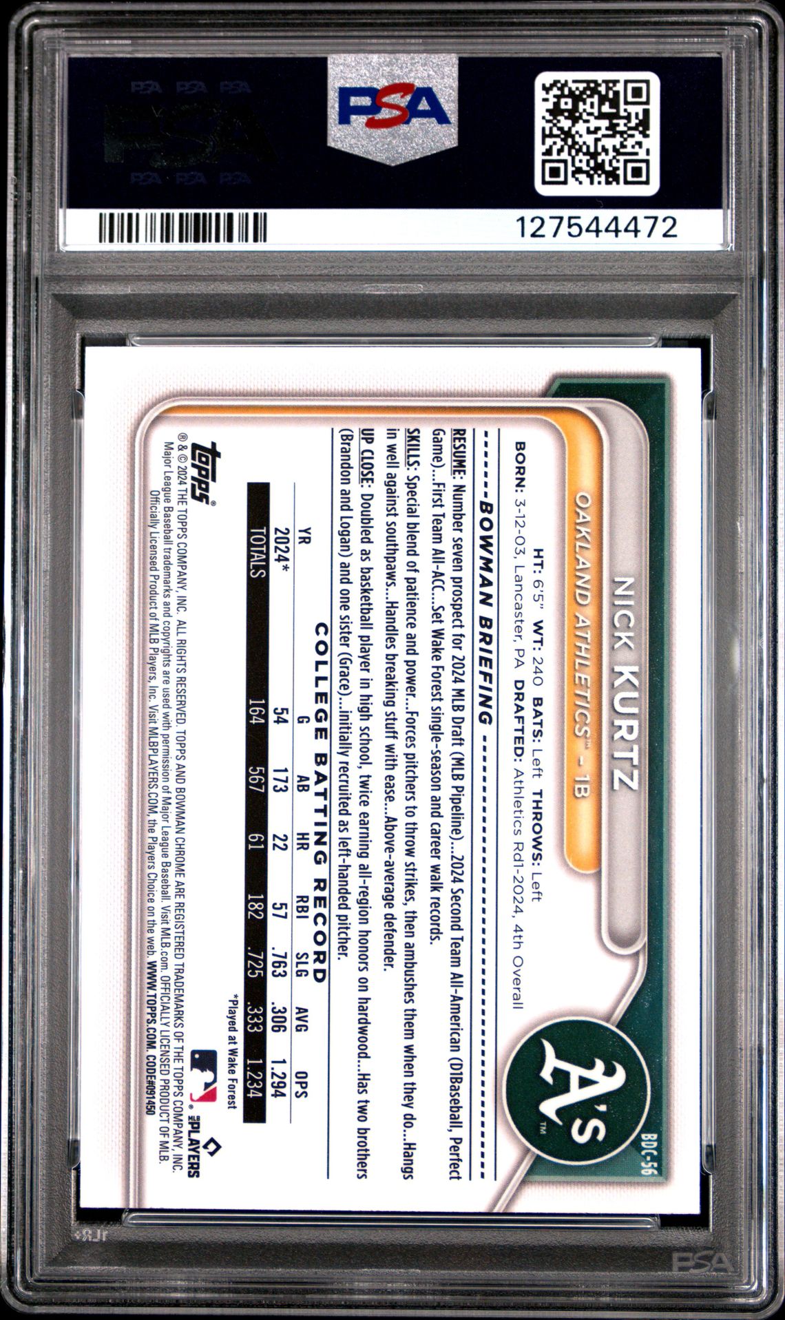 2024 Bowman Draft Nick Kurtz #Bdc56 (Chr-Ylw Lunar Crater Ref) Gem Mt 10 back