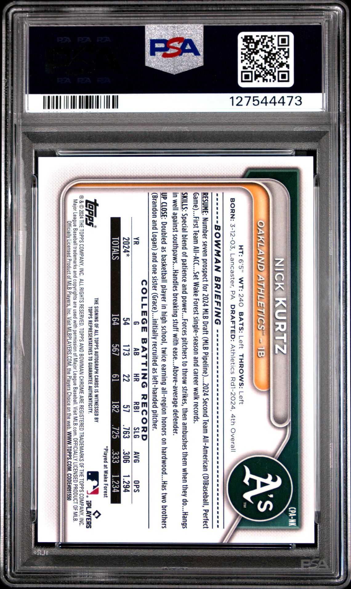 2024 Bowman Draft Chrome Prospect Autographs Nick Kurtz #Cpank Gem Mt 10 back