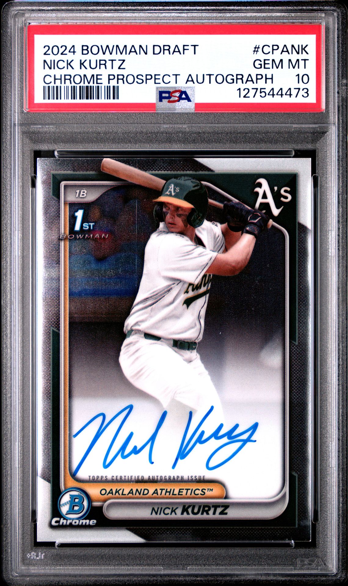 2024 Bowman Draft Chrome Prospect Autographs Nick Kurtz #Cpank Gem Mt 10 front