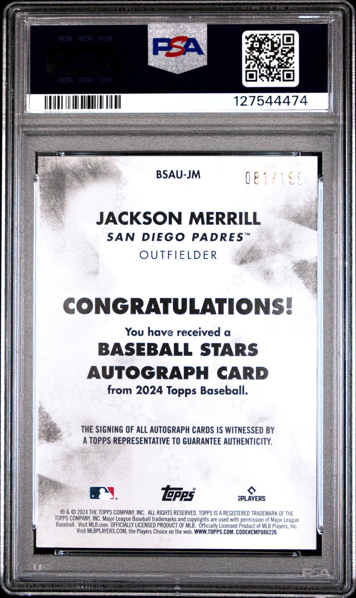 2024 Topps Baseball Stars Autographs Jackson Merrill #Jm (Baseball Stars Auto-Black) Mint 9 back