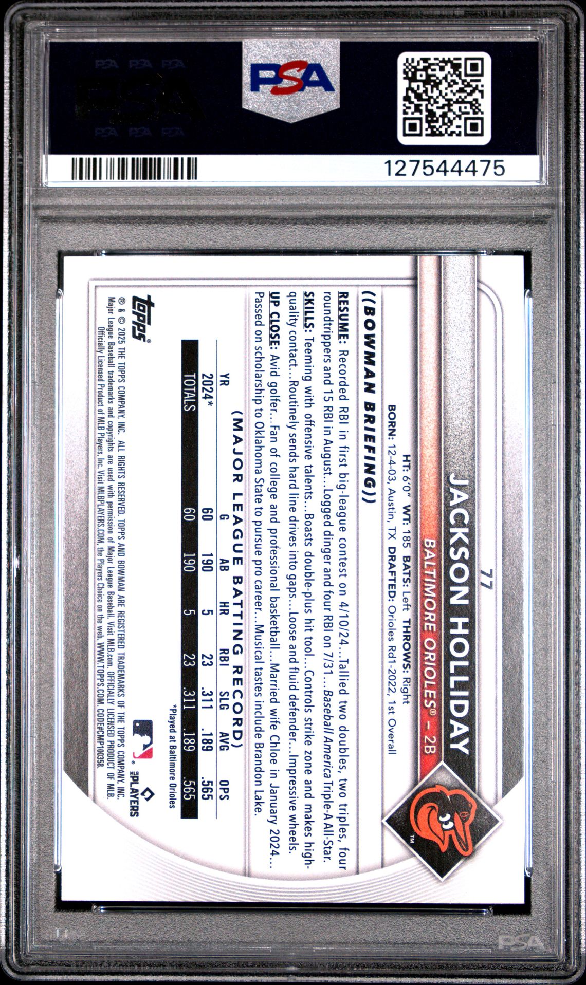 2025 Bowman Jackson Holliday #77 (Sky Blue) Mint 9 back