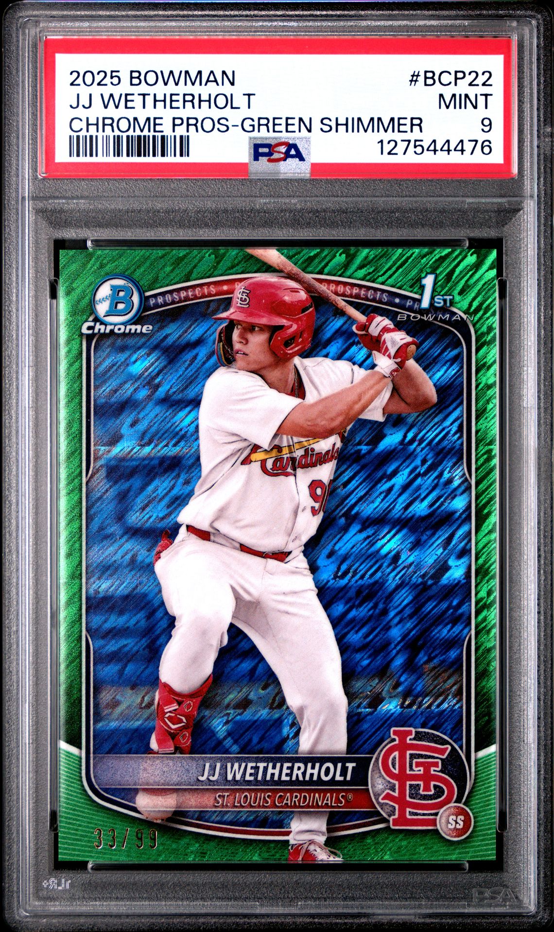 2025 Bowman Chrome Prospects Jj Wetherholt #Bcp22 (Chrome Pros-Green Shimmer) Mint 9 front