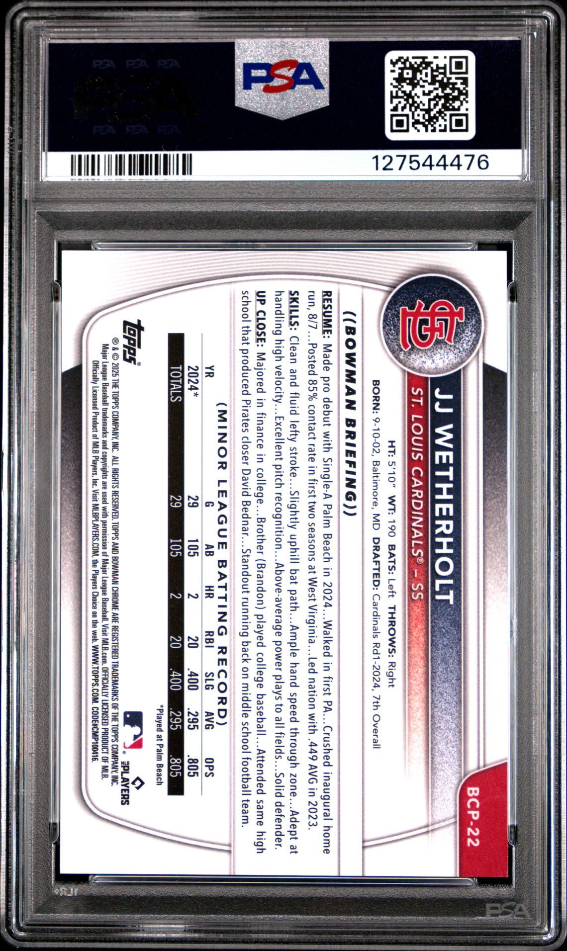 2025 Bowman Chrome Prospects Jj Wetherholt #Bcp22 (Chrome Pros-Green Shimmer) Mint 9 back